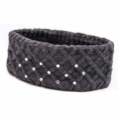 Grijze winter hoofdband met strass steentjes en fleece voering voor dames