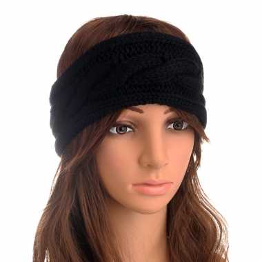 Zwarte gebreide winter hoofdband met kabelpatroon voor dames