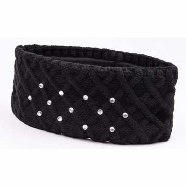 Zwarte winter hoofdband met strass steentjes en fleece voering voor dames