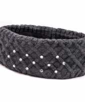 Grijze winter hoofdband met strass steentjes en fleece voering voor dames