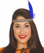 Toppers indianen verkleed hoofdband met blauwe veer voor volwassenen
