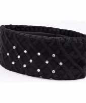 Zwarte winter hoofdband met strass steentjes en fleece voering voor dames